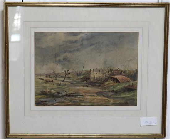 Martin Hardie (1875-1952) pen, ink and watercolour WWI trenches scene 22 x 31cm.